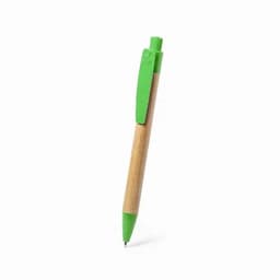 A pen with a bamboo barrel and a green plastic clip and tip, featuring a logo on the clip.