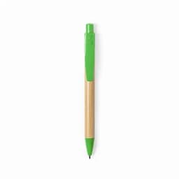 A green ballpoint pen with a bamboo shaft and a green clip, featuring a logo on the top.