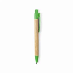 A green and natural wooden pen with a matching green clip. It features a smooth writing tip for easy use.