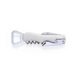 A corkscrew bottle opener with a grey speckled handle and a shiny metallic finish. Features a logo on the handle.