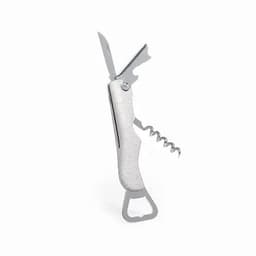 A multitool featuring a knife, corkscrew, bottle opener, and textured silver handle. It has a sleek, functional design.