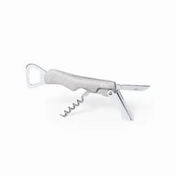 A multi-functional corkscrew featuring a silver finish, bottle opener, knife, and spiral corkscrew.