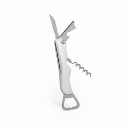A multi-tool featuring a knife, corkscrew, bottle opener, and a white handle with silver accents.