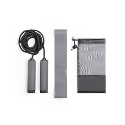 A grey jump rope, grey resistance band, and a black mesh storage pouch.