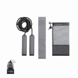 A jump rope with grey handles and a black storage bag, featuring a mesh section for visibility.