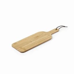 A bamboo chopping board with a handle and a leather strap, featuring a rectangular shape and natural wood finish.
