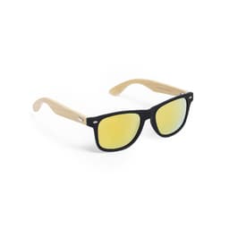 Sunglasses featuring a black frame and yellow mirrored lenses with wooden arms. Designed with a stylish logo.