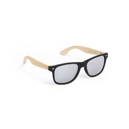Sunglasses with a black frame and bamboo arms, featuring mirrored lenses. The product has a logo on the side.