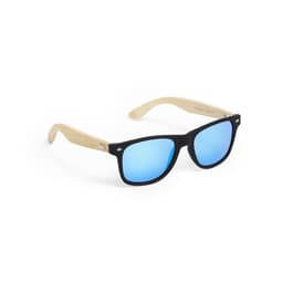 A pair of sunglasses with a black frame and blue mirrored lenses, featuring wooden arms and a logo on the side.