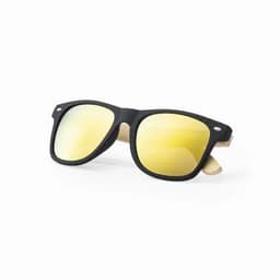Sunglasses with black frames and yellow lenses, featuring a wooden arm and a logo on the side.
