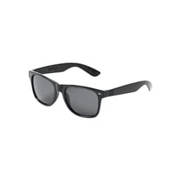 Sunglasses with a black frame and dark lenses, featuring a logo on the arm.