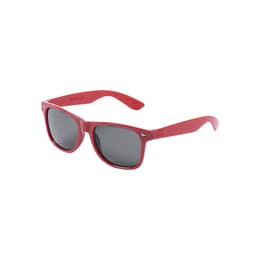 A pair of red sunglasses with grey lenses and a shiny finish. The frames have a modern, square shape.