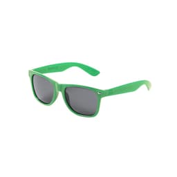 A pair of green sunglasses with dark lenses and a slight curve on the arms. The glasses feature a logo on one side.