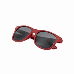 A pair of red sunglasses with dark lenses, featuring a stylish frame and a logo on the side.