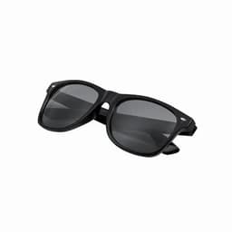A pair of black sunglasses with dark lenses, featuring a classic rectangular shape and a small logo on the side.