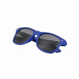 A pair of blue sunglasses with dark lenses, featuring a classic design and a logo on the frame.