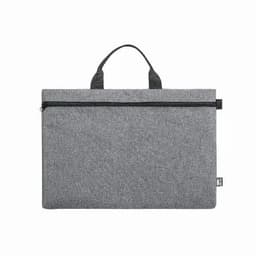 A grey laptop sleeve with a zip closure and a top handle for easy carrying. It features a logo on the side.