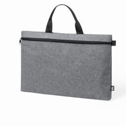 A grey zippered tote bag featuring a handle for easy carrying. It has a simple design and a logo tag.