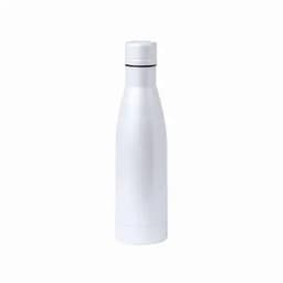 A drink bottle in white with a sleek design and a black accent band. It features a logo at the top.