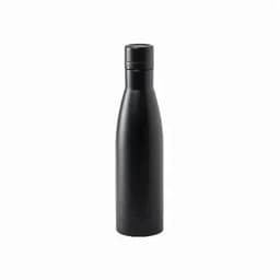 A drink bottle in sleek black, featuring a modern design and a fitted cap. It has a logo on the front.