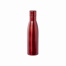 A drink bottle in a sleek, metallic red finish with a silver cap and a branded logo on the side.