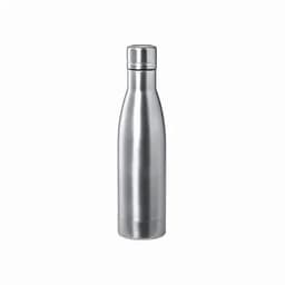 A drink bottle in a sleek, silver metallic finish, featuring a modern design and a branding logo.