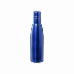 A drink bottle in a sleek, shiny blue finish with a cylindrical shape and a cap. It features a logo.