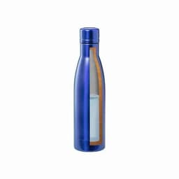 A drink bottle in metallic blue with a wooden accent and a transparent section showcasing the contents.