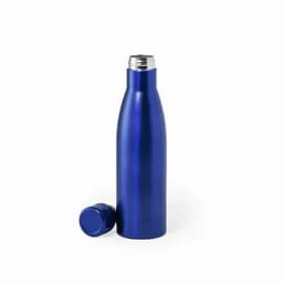 A drink bottle in shiny blue with a stainless steel top and a separate cap. It has a sleek, modern design.