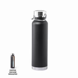 A drink bottle in black with a silver bottom and a lid, featuring a logo. It is vacuum insulated.