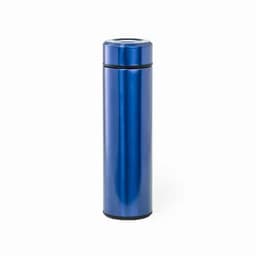 A drink bottle in a shiny blue colour with a cylindrical shape and a screw-on lid. It features a logo.