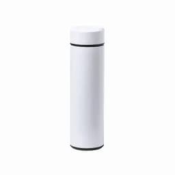 A drink bottle in a sleek, white design with black accents and a fitted cap. It features a logo.