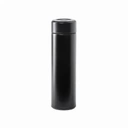 A drink bottle in sleek black, featuring a cylindrical design and a tight-sealing lid, with a logo on the surface.