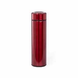 A drink bottle in a shiny red metallic finish, featuring a sleek cylindrical design and a black base.