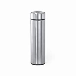 A drink bottle in stainless steel with a sleek, cylindrical design and a silver finish. Features a logo.