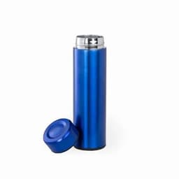 A drink bottle with a sleek blue aluminium exterior and a silver top, accompanied by a matching blue cap.
