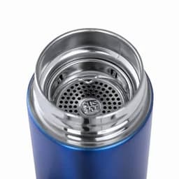 A drink bottle with a blue metallic finish, featuring a stainless steel inner lid and a mesh filter.