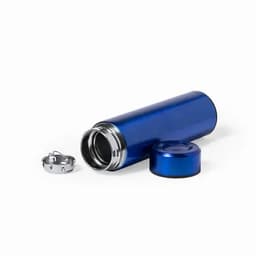 A blue drink bottle with a screw-on cap, featuring a shiny metallic finish and a removable lid.