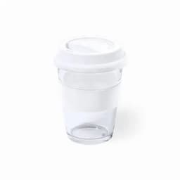 A drink bottle with a clear body and white lid, featuring a white silicone grip band.