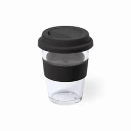 A drink bottle with a clear body, black silicone lid, and a black band around the middle. It features a logo.