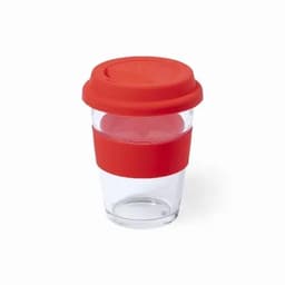 A drink bottle with a clear body and a bright red silicone lid and band. It has a sleek, modern design.