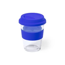 A drink bottle with a transparent body and a blue silicone lid and sleeve. It features a logo on the side.