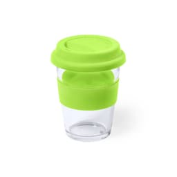 A drink bottle featuring a clear body with a bright green silicone lid and sleeve, complete with a logo.