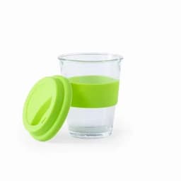 A drink bottle with a clear body and a bright green silicone lid and band. It features a logo.