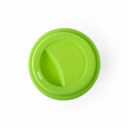 A drink bottle lid in bright green with a raised section for easy grip and a warning about hot contents.
