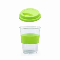 A plastic cup with a clear body and a lime green silicone band and lid. Features a simple design.