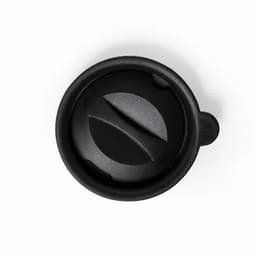 A black reusable coffee cup lid with a slotted opening and a side tab. It features a simple, functional design.