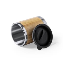 A drink bottle with a bamboo exterior and stainless steel interior, featuring a black lid.