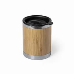 A drink bottle with a bamboo exterior and a black lid, featuring silver accents and a logo.