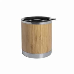 An insulated cup with a bamboo exterior and a black lid, featuring a metallic rim.